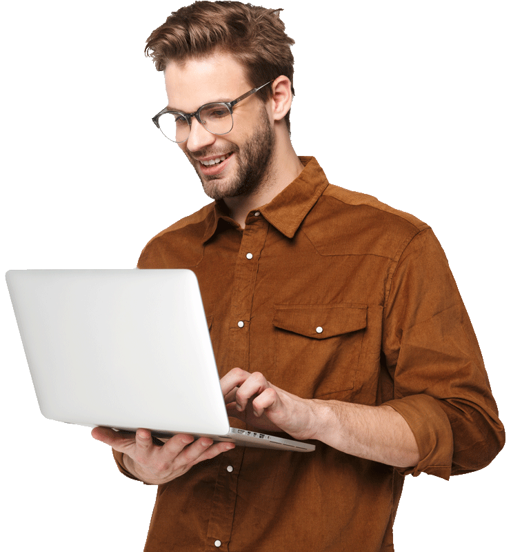 Meneer gebruikt laptop